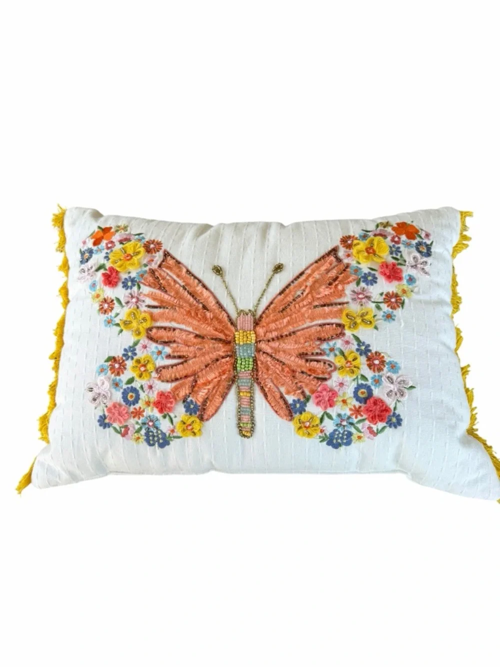 Sonoma Beaded Butterfly Embroidered Accent Pillow Set Colorful Fringe 14x20 GUC